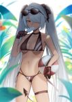 1girl 2r-_(pixiv8168114) absurdres ball bare_shoulders beachball bikini black_bikini black_choker black_ribbon blue_archive breasts brown_gloves choker collarbone dark-skinned_female dark_skin demon_tail eating eyewear_on_head food gloves hair_over_one_eye highres holding holding_ball holding_food iori_(blue_archive) long_hair looking_at_viewer medium_breasts navel plant pointy_ears popsicle red_eyes ribbon side-tie_bikini silver_hair simple_background solo standing stomach sunglasses swimsuit tail thigh_strap twintails under_boob very_long_hair white_background rating:Safe score:0 user:danbooru