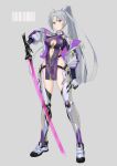  1girl arm_at_side ass_visible_through_thighs barcode breasts closed_mouth clothing_cutout full_body green_eyes grey_background grey_hair hair_ribbon highres holding holding_sword holding_weapon jacket ldfe_mk2 long_hair looking_at_viewer mecha_musume mechanical_legs medium_breasts open_clothes open_jacket original pelvic_curtain ponytail revealing_clothes ribbon see-through solo standing sword weapon  rating:safe score: user:danbooru