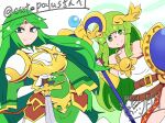 2girls alternate_costume armor artist_signature bangs chicken_rib commissioner_upload costume_switch female_only fire_emblem fire_emblem_echoes:_mou_hitori_no_eiyuuou green_eyes green_hair halo kid_icarus kid_icarus_uprising looking_at_viewer matching_hair/eyes necklace outfit_switch palla_(fire_emblem) palutena shield skeb_commission smile staff sword very_long_hair white_background white_dress rating:Safe score:0 user:curepalus