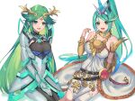 2girls :d alternate_costume armor bare_shoulders blush bodysuit_under_clothes cleavage commissioner_upload costume_switch female_only green_eyes green_hair kid_icarus kid_icarus_uprising large_breasts matching_hair/eyes necklace open_smile outfit_switch palutena palutena_(cosplay) parted_bangs pneuma_(xenoblade) pneuma_(xenoblade)_(cosplay) ponytail single_thighhigh sitting swept_bangs tiara very_long_hair white_dress xenoblade_2 yasaikakiage rating:Safe score:-3 user:curepalus