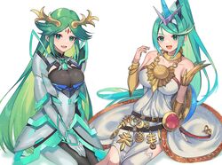 2girls :d alternate_costume armor bare_shoulders blush bodysuit_under_clothes cleavage commissioner_upload costume_switch female_only green_eyes green_hair kid_icarus kid_icarus_uprising large_breasts matching_hair/eyes necklace open_smile outfit_switch palutena palutena_(cosplay) parted_bangs pneuma_(xenoblade) pneuma_(xenoblade)_(cosplay) ponytail single_thighhigh sitting swept_bangs tiara very_long_hair white_dress xenoblade_2 yasaikakiage rating:Safe score:0 user:curepalus