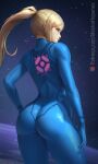 1girl arm_at_side ass blonde_hair blue_bodysuit blue_eyes bodysuit closed_mouth cowboy_shot english_commentary from_behind hand_on_hip long_hair looking_at_viewer looking_back meekohopanes metroid patreon_username ponytail samus_aran skin_tight solo space tight web_address zero_suit rating:Safe score:2 user:danbooru