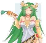 1girl ;) armwear bare_shoulders carrot cleavage commission commissioner_upload djames green_eyes green_hair holding_object jamesfe kid_icarus kid_icarus_uprising large_breasts looking_at_viewer matching_hair/eyes necklace palutena parted_bangs pendant side_slit sleeveless_dress smile solo solo_female strapless_dress very_long_hair white_background white_dress wink rating:Safe score:1 user:curepalus