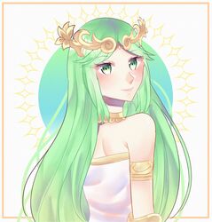 0511hararuni 1girl armband blush commission commissioner_upload eyebrows_visible_through_hair green_eyes green_hair kid_icarus kid_icarus_uprising looking_at_viewer looking_back looking_back_at_viewer matching_hair/eyes necklace palutena parted_bangs sleeveless_dress solo_female strapless_dress very_long_hair white_dress rating:Safe score:0 user:curepalus