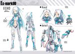 1girl android aqua_hair arms_at_sides blue_eyes bright_pupils cable character_sheet english_text expressionless eyebrows_visible_through_hair flat_chest gradient_hair headgear highres looking_at_viewer multicolored_hair multiple_views navel original parts_exposed robot_ears robot_joints sawawse science_fiction smile white_hair white_pupils rating:Safe score:1 user:danbooru