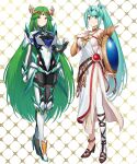 2girls armor belt bodysuit_under_clothes chest_jewel cleavage commissioner_upload costume_switch eyebrows_visible_through_hair female_only full_body futuristic green322 green_eyes green_hair high_heels large_breasts looking_at_viewer matching_hair/eyes necklace palutena palutena_(cosplay) parted_bangs patterned_background pendant pneuma_(xenoblade) pneuma_(xenoblade)_(cosplay) ponytail shield side_slit single_thighhigh skeb_commission sleeveless_dress smile standing strapless_dress swept_bangs thigh_boots tiara very_long_hair white_dress white_thighhighs rating:Safe score:0 user:curepalus