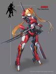 1girl android armor commentary_request english_commentary frown full_body grey_background hand_on_hilt highres horns humanoid_robot joints long_hair orange_hair original piston red_eyes robot_joints solo standing sword twintails ushas weapon weapon_on_back rating:General score:0 user:danbooru