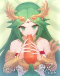 1girl artist_signature bare_shoulders carrot commissioner_upload eating female_solo green_eyes green_hair large_breasts looking_at_viewer matching_hair/eyes necklace oversized_food palutena parted_bangs skeb_commission solo solo_female strapless_dress suta_(clusta) white_dress rating:Safe score:0 user:curepalus