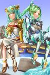 2girls :) :d blush commissioner_upload costume_switch female_only green_eyes green_hair high_heels kid_icarus_uprising long_dress matching_hair/eyes necklace palutena parted_bangs pneuma_(xenoblade) side_slit single_thighhigh sitting skeb_commission smile super_smash_bros._ultimate swept_bangs very_long_hair white-paka white_dress xenoblade_2 rating:Safe score:1 user:curepalus