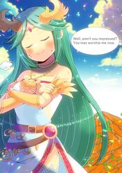 1girl bare_shoulders carrot closed_eyes commissioner_upload crossed_arms doyagao english_text food_on_face green_hair humor kid_icarus_uprising kou_hiyoyo long_dress necklace palutena palutena's_revolting_dinner parted_bangs side_slit sidelocks single_thighhigh skeb_commission sleeveless_dress smile smug solo solo_female speech_bubble strapless_dress very_long_hair white_dress white_thighhighs rating:Safe score:1 user:curepalus