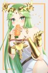 1girl bare_shoulders blush carrot commissioner_upload eating female_solo green_eyes green_hair kid_icarus_uprising long_dress looking_at_viewer matching_hair/eyes necklace palutena parted_bangs ramune_11624 side_slit skeb_commission sleeveless_dress solo solo_female strapless_dress very_long_hair white_dress rating:Safe score:0 user:curepalus