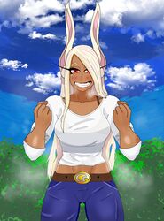 abs animal_ears belt belt_buckle bikini bikini_under_clothes boku_no_hero_academia bra_visible_through_clothes buckle clenched_teeth covered_navel dark-skinned_female dark_skin denim eddarxart fighting_stance highres jeans long_eyelashes mirko pants rabbit_ears red_eyes swimsuit teeth rating:General score:2 user:danbooru