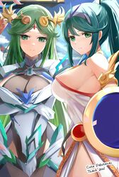 2girls artist_signature bare_shoulders bodysuit commissioner_upload female_only green_eyes green_hair in_profile kid_icarus kid_icarus_uprising large_breasts looking_at_viewer outfit_switch palutena palutena_(cosplay) parted_bangs pneuma_(xenoblade) pneuma_(xenoblade)_(cosplay) ponytail shield side_slit sideboob sidelocks skeb_commission skin-tight smile strapless_dress super_smash_bros._ultimate swept_bangs tiara tomas_(kaosu22) tomasupso2 very_long_hair white_dress xenoblade_(series) xenoblade_2 rating:Safe score:2 user:curepalus