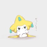  grey_background jirachi no_humans pokemon pokemon_(creature) pout sitting solo tearing_up translated yrz_oou  rating:general score:0 user:danbooru
