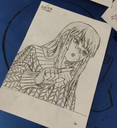  1girl black_gloves bright_pupils cross earrings general gloves graphite_(medium) grey_hair greyscale jewelry long_hair long_sleeves monochrome open_mouth pen piercing scar scar_on_cheek scar_on_face sergent_magnom simple_background single_earring sketch sketching solo traditional_media white_background white_pupils  rating:general score:0 user:danbooru