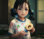 1girl ai_generated anime art black_hair blue blue_eyes child collar cup donut doughnut flowers_on_shirt holding kid manywatermelon pigtails safe short_hair smile white_shirt rating:safe score: user:manywatermelon