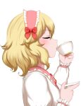  1girl blonde_hair bonnet closed_eyes commentary cup drinking from_side highres holding holding_cup idolmaster idolmaster_cinderella_girls idolmaster_cinderella_girls_starlight_stage idolmaster_cinderella_girls_u149 long_sleeves mrhunking sakurai_momoka short_hair simple_background solo teacup upper_body white_background  rating:general score:0 user:danbooru