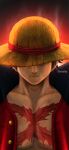  1boy artist_name artofide black_cape black_hair cape closed_mouth hat hat_over_eyes highres monkey_d._luffy one_piece open_clothes open_shirt portrait red_shirt scar scar_on_cheek scar_on_chest scar_on_face shirt short_hair solo solo_focus straw_hat  rating:general score: user:danbooru
