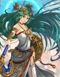 bare_shoulders cowboy_shot forehead_jewel green_eyes green_hair highres holding holding_staff jewelry kid_icarus kid_icarus_uprising long_hair looking_at_viewer palutena pendant shield smile solo staff stoic_seraphim very_long_hair rating:General score:0 user:danbooru