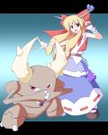 1girl blonde_hair hair_ribbon horns ibuki_suika miyo_(miyomiyo01) pinsir poke_ball pokemon pokemon_(creature) red_eyes ribbon touhou yellow_eyes rating:Safe score:1 user:Gelbooru