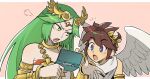1boy 1girl angel angel_wings armlet blue_eyes blushily border brown_hair derivative_work forehead_jewel green_eyes green_hair handheld_game_console kid_icarus kid_icarus_uprising laurel_crown long_hair looking_at_another nintendo_3ds open_mouth outside_border palutena pit_(kid_icarus) screencap_redraw upper_body v-shaped_eyebrows white_border wings rating:General score:0 user:danbooru