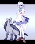 1girl braid crossover fang holding holding_poke_ball izayoi_sakuya knife maid maid_headdress mightyena miyo_(miyomiyo01) pantyhose poke_ball pokemon pokemon_(creature) red_eyes silver_hair touhou twin_braids white_legwear rating:Safe score:0 user:danbooru