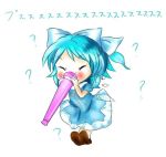 ? blue_hair blush bow cirno dress failure horn_(instrument) kisumi_mews lowres ribbon shoes solo touhou vuvuzela wings you're_doing_it_wrong rating:Safe score:0 user:danbooru