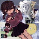  1lcoaa bangs black_skirt braided_hair brown_hair cd chibi closed_eyes closed_mouth collage eyelashes game girl highres holding knife madotsuki minigirl open_eyes pigtails red_shoes red_sweater rough skirt yume_nikki  rating:safe score: user:dreamdiary