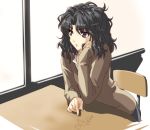 amagami black_eyes black_hair chair chin_rest makisige messy_hair school_desk school_uniform short_hair tanamachi_kaoru wavy_hair window rating:Safe score:4 user:danbooru