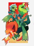  absurdres capsakid colored_skin evolutionary_line fangs green_pepper green_skin highres multiple_heads no_humans pokemon pokemon_(creature) red_pepper scovillain tail taplaos  rating:general score:0 user:danbooru