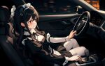 1girl anime atmosphere black_hair car cute dreaming driver essen maid night night_sky red_eyes serious tagme rating:safe score: user:essen