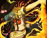 blue_hair dress fire food fruit hair_over_eyes hat hinanawi_tenshi long_hair peach solo sword sword_of_hisou tokoroten_(hmmuk) touhou weapon rating:Safe score:4 user:danbooru