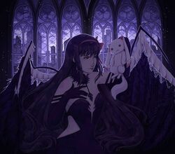  1girl 1other akemi_homura akuma_homura city collar gloves gothic_architecture grenka homucifer kyubey magical_girl mahou_shoujo_madoka_magica mahou_shoujo_madoka_magica_(anime) mahou_shoujo_madoka_magica_movie ribbon ukrainian_artist wings  rating:safe score: user:volmier