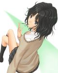 amagami black_eyes black_hair crossed_legs from_above highres looking_back messy_hair pocky ringed_eyes school_uniform sitting skirt socks sweater tanamachi_kaoru wavy_hair rating:Safe score:1 user:danbooru