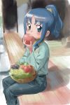 apple blue_hair eating food fruit futari_wa_precure heartcatch_precure! japanese_clothes kurumi_erika long_hair makacoon ponytail porch precure sitting solo tomato veranda rating:Safe score:2 user:danbooru
