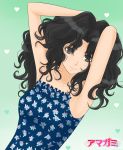 1girl amagami armpits arms_up black_eyes black_hair casual coroske messy_hair smile tanamachi_kaoru wavy_hair rating:Safe score:2 user:danbooru