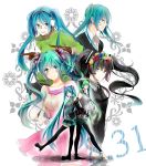 aqua_hair back-to-back bad_id belt black_hair blue_hair bridal_gauntlets detached_sleeves elbow_gloves fingerless_gloves flower gloves green_eyes green_hair grey_eyes hair_flower hair_ornament hatsune_miku hatsune_miku_(append) headphones highres long_hair matryoshka_(vocaloid) melt_(vocaloid) miku_append multiple_persona necktie nisoku_hokou_(vocaloid) rolling_girl_(vocaloid) sakumochi41 silver_eyes skirt smile songover thigh-highs thighhighs toeless_socks twintails very_long_hair vocaloid vocaloid_append yellow_eyes zettai_ryouiki rating:Safe score:2 user:danbooru