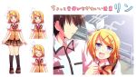 :d blonde_hair blue_eyes blush bow character_sheet cinderella_school_(vocaloid) faceless faceless_male hair_ornament hair_ribbon hairclip kagamine_rin kneehighs kousetsu mary_janes open_mouth pleated_skirt ribbon school_uniform shoes short_hair skirt smile translated vocaloid rating:Safe score:1 user:danbooru