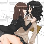 amagami black_eyes black_hair brown_eyes brown_hair chair classroom coroske eye_contact female looking_at_another messy_hair multiple_girls naughty_face school_uniform short_hair shy skirt tanaka_keiko tanamachi_kaoru wavy_hair yuri rating:Safe score:3 user:danbooru