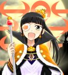 black_hair brown_eyes cape crown earrings eyepatch halloween jack-o'-lantern jack-o'-lantern jewelry laughing long_hair ponytail pumpkin pumpkin_hair_ornament sakamoto_mio sayu_(mio-mosa) scepter solo strike_witches rating:Safe score:0 user:danbooru