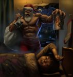 child christmas epic facial_hair footwear hat male matataku muscle mustache original realistic sack santa_claus santa_hat sleeping socks sweat translated what you_gonna_get_raped rating:Safe score:1 user:danbooru