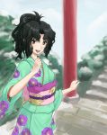 amagami black_eyes black_hair highres japanese_clothes kimono lou_(battle32) obi open_mouth ponytail solo tanamachi_kaoru torii rating:Safe score:0 user:danbooru
