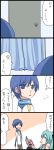 4koma blue_eyes blue_hair book comic cookie food hatsune_miku highres kaito naze necktie translated translation_request twintails vocaloid rating:Safe score:0 user:danbooru