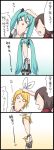 4koma blonde_hair brown_hair comic hatsune_miku highres kagamine_rin meiko naze necktie thighhighs translated translation_request twintails vocaloid what rating:Safe score:0 user:danbooru