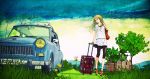 blonde_hair car flower glasses grass highres house light_smile long_hair motor_vehicle redjuice road_sign sandals sign sky solo star suitcase supercell trabant tree vehicle yellow_eyes rating:Safe score:2 user:danbooru