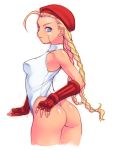 ahoge alternate_color asakura_sakura ass bare_shoulders blonde_hair blue_eyes braid breasts cammy_white fingerless_gloves gloves leotard long_hair looking_back scar street_fighter thong_leotard twin_braids rating:Safe score:0 user:danbooru