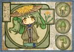 asa_no_ha_(pattern) blush_stickers character_sheet chibi fairy flower from_behind green_hair hair_ribbon japanese_clothes kimono marigold original personification ribbon side_ponytail solo translated translation_request yellow_eyes rating:Safe score:0 user:danbooru