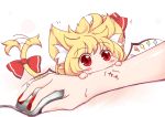 animal_ears biting blonde_hair blush cat_ears cat_tail chibi computer_mouse fangs flandre_scarlet hair_ribbon hands kemonomimi_mode lozelia minigirl no_hat no_headwear red_eyes ribbon side_ponytail solo tail tail_bow tail_wagging touhou wings rating:Safe score:8 user:danbooru