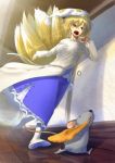 aburaage apron blonde_hair chasing fangs food fox_tail hat long_sleeves mossari_poteto mouse mouth_hold multiple_tails open_mouth running short_hair solo tail touhou yakumo_ran rating:Safe score:0 user:danbooru