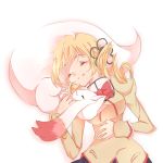 blonde_hair bow closed_eyes drill_hair eyes_closed hair_ornament hand_on_stomach happy izusetsu kyubey lying mahou_shoujo_madoka_magica nuzzle nuzzling on_back school_uniform simple_background skirt sleeping smile tail tomoe_mami twin_drills rating:Safe score:0 user:danbooru